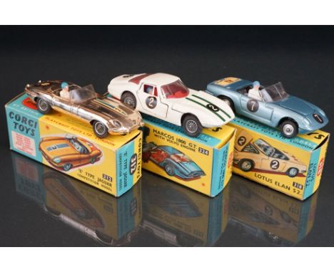 Three boxed Corgi diecast models to include 324 Marcos 1800 GT with Volvo engine in white, 312 E Type Jaguar competition mode