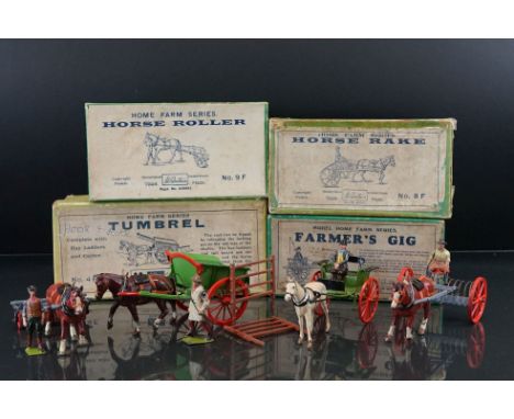 Four boxed Britains Home Farm Series metal models to include No 8F Horse Rake, No 20F Farmers Gig, No 4F Tumbrel and No 9F Ho