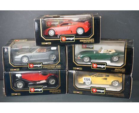 Five boxed 1/18 Burago diecast models to include 3044 Ferrari 550, 3009 Mercedes, 3055 Bugatti, 3016 Jaguar and 3037 Lamborgh