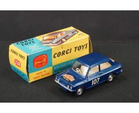 Boxed Corgi 328 Hillman Imp in Monte Carlo Trim diecast model in metallic blue, race number 107, diecast vg, decals ex with m