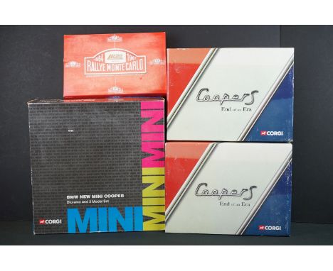 Three Boxed Corgi Mini Cooper 1:36 diecast model sets with certificates to include 2 x CC99109 Cooper 'S' 3 piece sets and a 