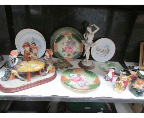 A shelf of miscellaneous plates, Toby jugs etc