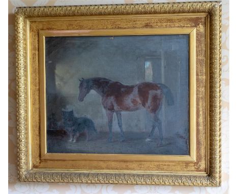 English School, late 19th Century, a portrait of a hunter and a dog in a barn interior, oil on canvas, 50cm by 60cm, in a con