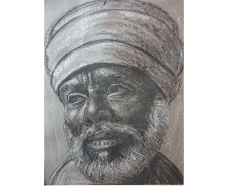 Afework M (20th century), portrait of a bearded elderly gentleman wearing a turban, black and white chalk on paper, signed an