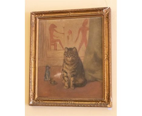 English School, early 20th Century, a portrait of a seated cat, indistinctly signed l.l., oil on canvas, 60cm by 50cm, in a g