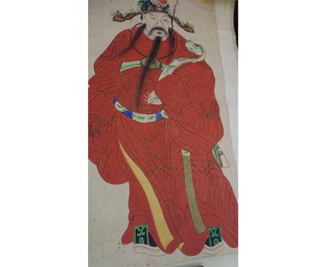 A 19th century Chinese scroll, painted with a nobleman with elaborate headdress and wearing a red cloak, highlighted in black