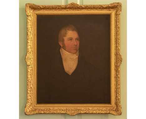 English School, early 19th Century, a portrait of a gentleman, half length wearing a white stock and a black tunic, 72cm by 6
