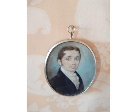 A 19th Century oval portrait miniature on ivory of a young gentleman wearing a white stock, 8cm by 6.5cm, framed&nbsp;