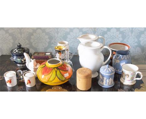 A quantity of pottery to include a colourful contemporary Poole Pottery vase, blue Wedgwood jasperware lidded cylinder pot, b