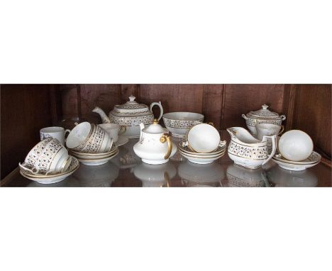 A 19th Century part tea service and tea pot with milk jug and sugar basin, with floral border and gilding decoration, a white