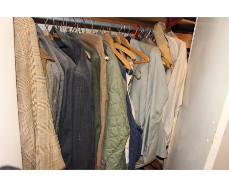 Small dressing room 1, contents of wardrobes to include a large quantity gents vintage tweed shooting jackets Simpsons Piccad