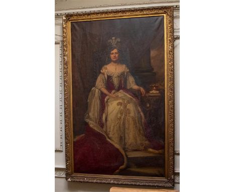 English School, early 20th Century, a portrait of Lady Eldon, full length, seated - Coronation of King Edward VII 1901, oil o