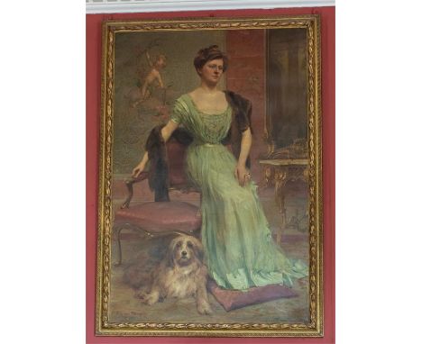 Fritz von Kamptz (German, 1866-1938), a portrait of Mabel Wheeler and Fluffkins, full length, seated, signed and dated 1911 l