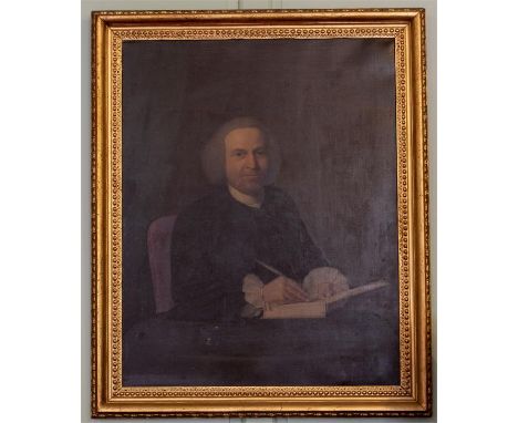 English School, circa 1780, a portrait of a gentleman, half length, wearing a white wig and black tunic and holding a quill, 