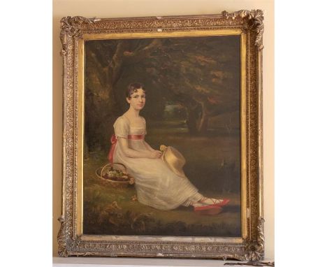 English School, circa 1830, a portrait of a young lady, full length, seated in a white dress with a basket of flowers in a wo