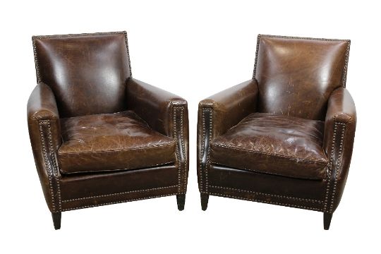 Lot Of 2 Art Deco Style Restoration Hardware Marcel Brown Leather Club Chairs Each Having A