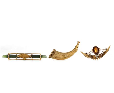 TOPAZ AND PEARL BROOCH, marked 15, 2.7g, along with nephrite jade example marked 9ct, 2.9g and an unmarked example, 3.9g (3)