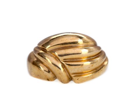 GOLD RING, the moulded shank 14mm wide, shank heavily misshapen, in nine carat gold, 5.1g