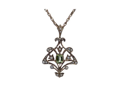 PERIDOT AND SEED PEARL PENDANT, with a cushion shaped peridot and seed pearls, with brooch pin ot the reverse, marked 9CT, on