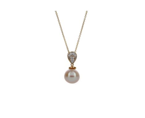 PEARL AND DIAMOND PENDANT, set with a spherical pearl 9.4mm in diameter, beneath a pave set diamond bale, on a chain marked 3