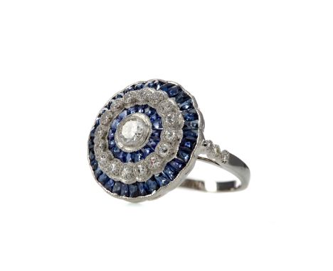 SAPPHIRE AND DIAMOND RING, with alternating sapphire and diamond halos, the diamonds totalling approximately 0.78 carats, the