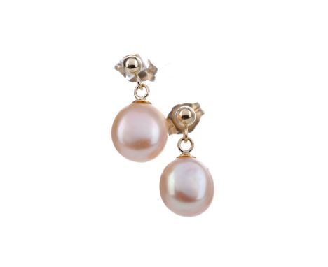 PAIR OF PEARL EARRINGS, with pinkish peach pearls suspended from a spherical gold stud, 16mm long, the butterflies marked 375