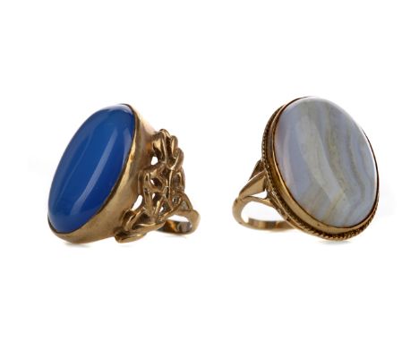 TWO DRESS RINGS, including a blue lace agate example and another, each in nine carat gold, size Q and O, 18.7g gross (2)