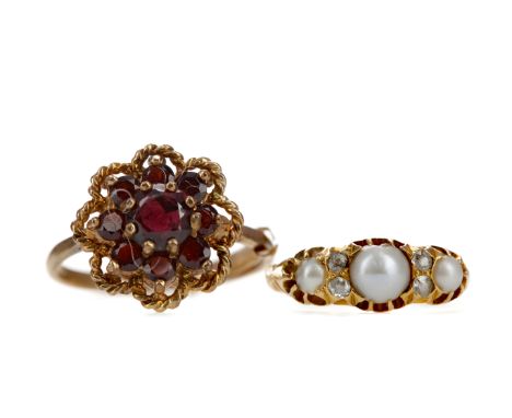 PEARL AND DIAMOND RING, the spherical pearls interspaced by rose cut diamond chips, in eighteen carat gold, size K, 3.1g, alo