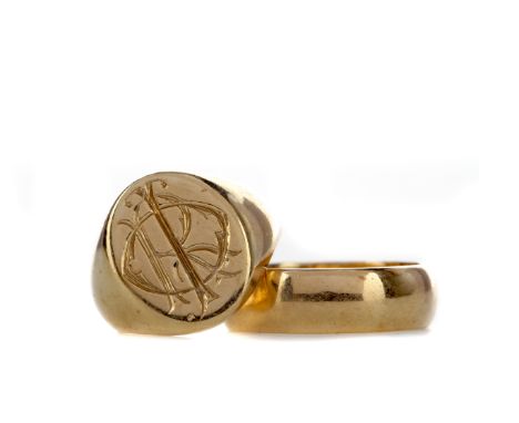 SIGNET RING, with engraved initials, in nine carat gold, size L 1/2, along with a nine carat gold wedding band, 13.5g gross (