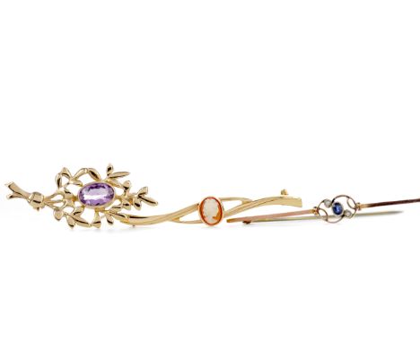 AMETHYST BAR BROOCH, set with an oval faceted amethyst, in nine carat gold, 4g, along with a sapphire and pearl bar brooch ma