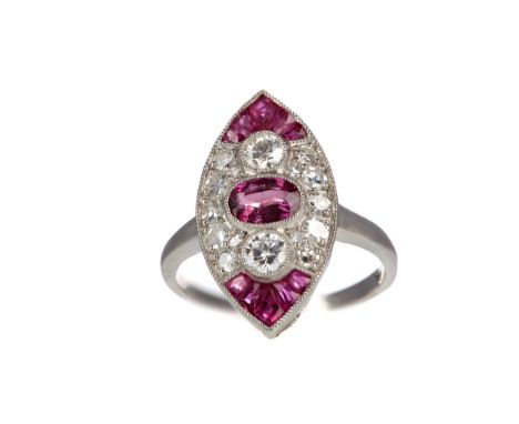 RUBY AND DIAMOND RING, with oval and calibre cut rubies and round brilliant cut diamonds totalling approximately 0.40 carats 