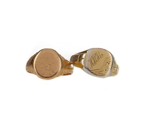 EIGHTEEN CARAT GOLD SIGNET RING, with engraved initials, size R, 5.6g, along with a gold on silver signet ring, size R (2)