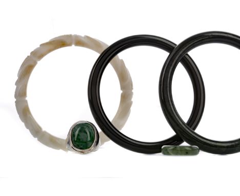 JADE BANGLE, with Chinese certificate, along with two others and two rings, one silver mounted (5)