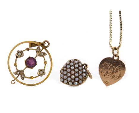 AMETHYST AND SEED PEARL PENDANT, marked 9, along with a seed pearl locket, unmarked, and an engraved heart pendant marked 9CT