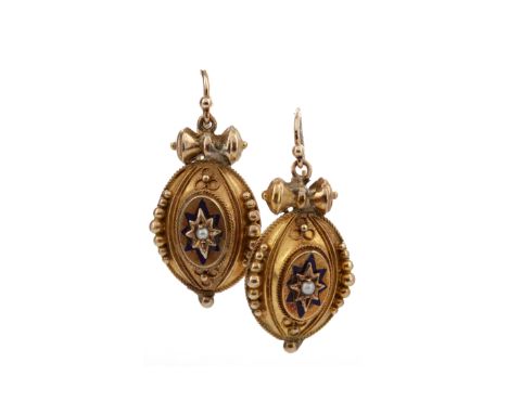 PAIR OF VICTORIAN PEARL EARRINGS, each with a star set seed pearl within an enamel border, with ropetwist and bead decoration