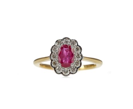 RUBY AND DIAMOND CLUSTER RING, the oval ruby of approximately 0.80 carats within a halo of round brilliant cut diamonds total