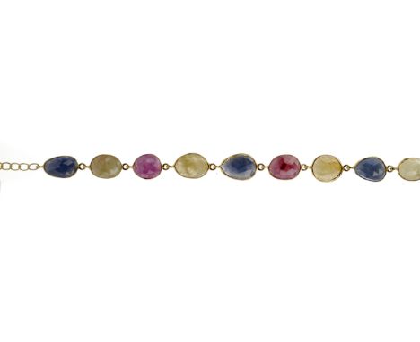 RUBY AND SAPPHIRE BRACELET, with faceted rubies and blue and yellow sapphires, silver gold plated, 21cm long, along with a ru