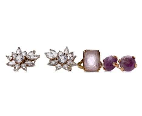 PURPLE GEM SET RING, with a rectangular purple gem, in nine carat gold, size K, 4.4g, along with a pair of unmarked pear shap