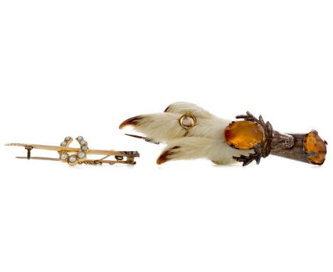 SEED PEARL SWALLOW BROOCH, depicting a swallow amongst foliage, marked 9CT, along with a yellow gem set brooch and a diamond 