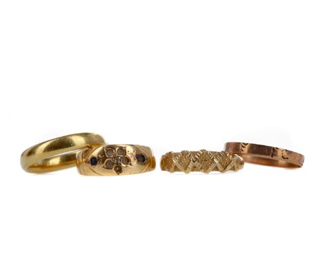 EIGHTEEN CARAT GOLD WEDDING BAND, size K 1/2, 4.6g, along with a nine carat gold wedding band, partial seed pearl and blue ge