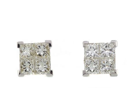 PAIR OF DIAMOND QUAD EARRINGS, set with princess cut diamonds totalling approximately 2.00 carats, with yellow gold screwback