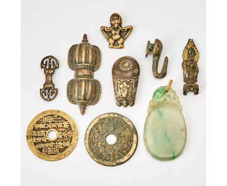 Comprising five bronze smalls including a votive icon, a belt hook, a Japanese menuki, and other devotional articles; togethe