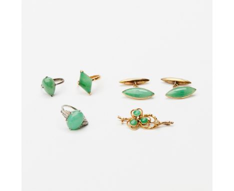 Comprising two jadeite and gold cufflinks, one jadeite and gold brooch, two jadeite and silver rings (one with diamond embell