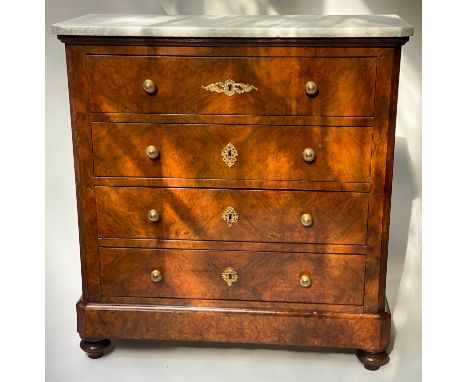 COMMODE, 78cm W x 35cm D x 82cm H, 19th century French Louis Philippe burr walnut of compact form with marble top above four 