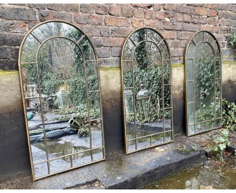 ARCHITECTURAL GARDEN MIRRORS, 106cm W x 55cm H three gilt metal framed. (3) 