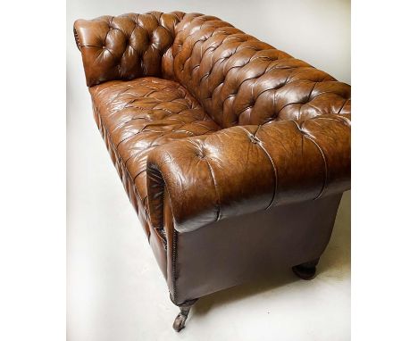 CHESTERFIELD SOFA, Victorian button leather, brass studded, horsehair cotton wadding upholstery with curved back and arms and