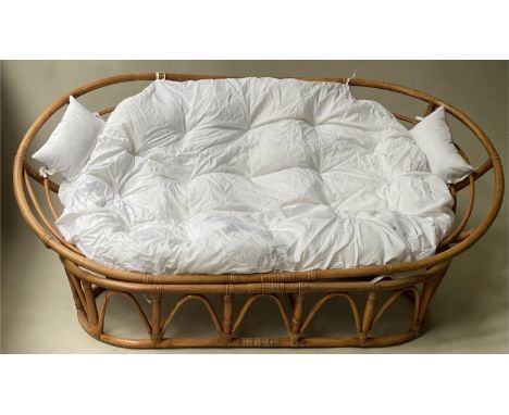 PAPASAN SOFA, rattan and cane bound two part with spiral rings and oval support, with cushions, 178cm W x 105cm D. 