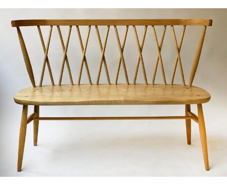 ERCOL BENCH, solid elm seat with wrap around stick back (stamped), 112cm W. 