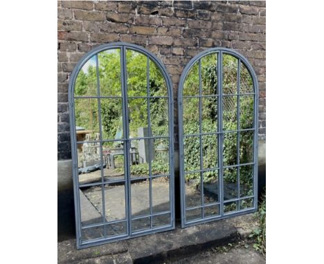 ARCHITECTURAL GARDEN MIRRORS, two, 170cm x 90cm, painted grey metal, gated design. (2) 