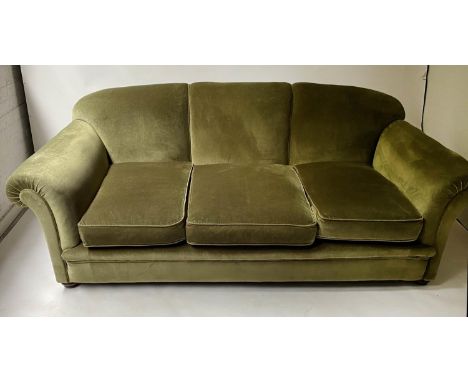 SOFA, royal green velvet three seater with scroll arms, 208cm W. 